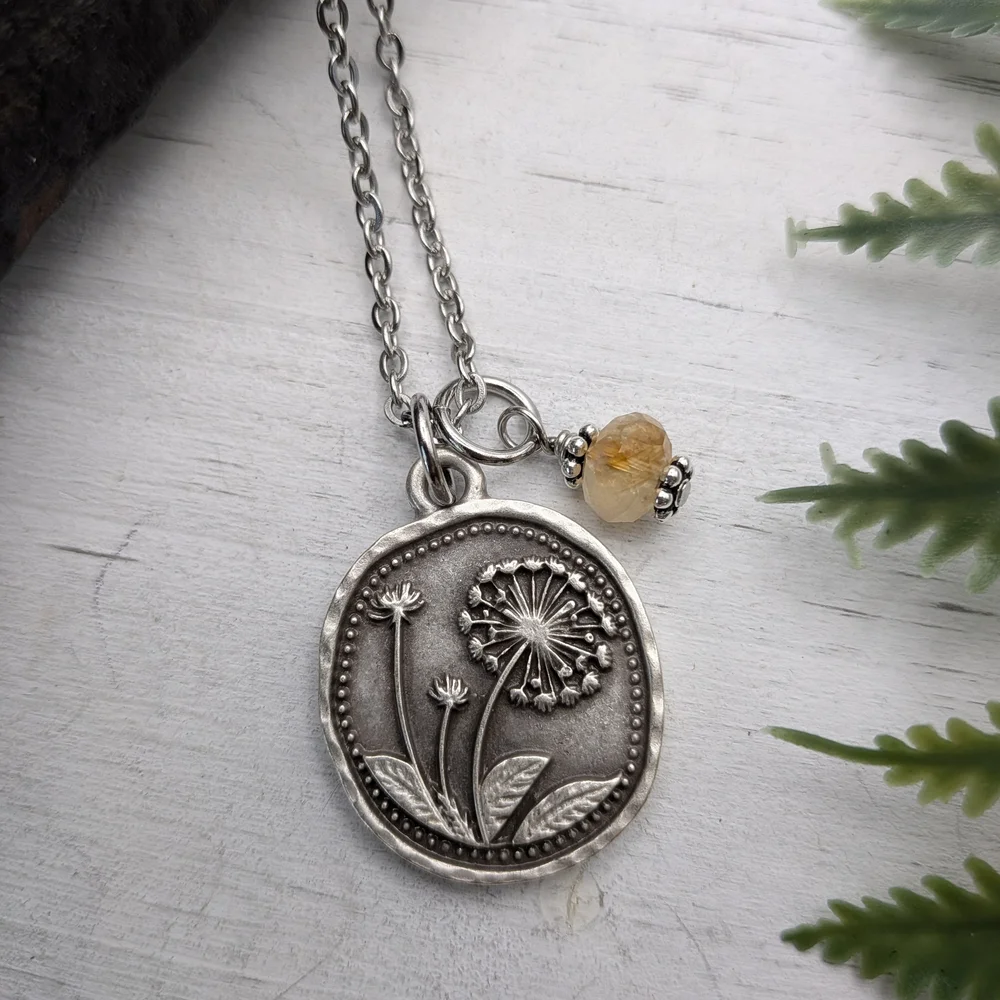 Silver Toned Dandelion Flower Pendant Necklace with Yellow Gemstone - Picture 3 of 4
